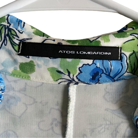Atos Lombardini Blue Green Floral Maxi Dress Collared V-Neck Size 46 Flowy Italy - Picture 6 of 7